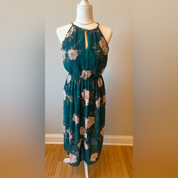 Darlene Halter Floral Open Back Midi Knit Dress